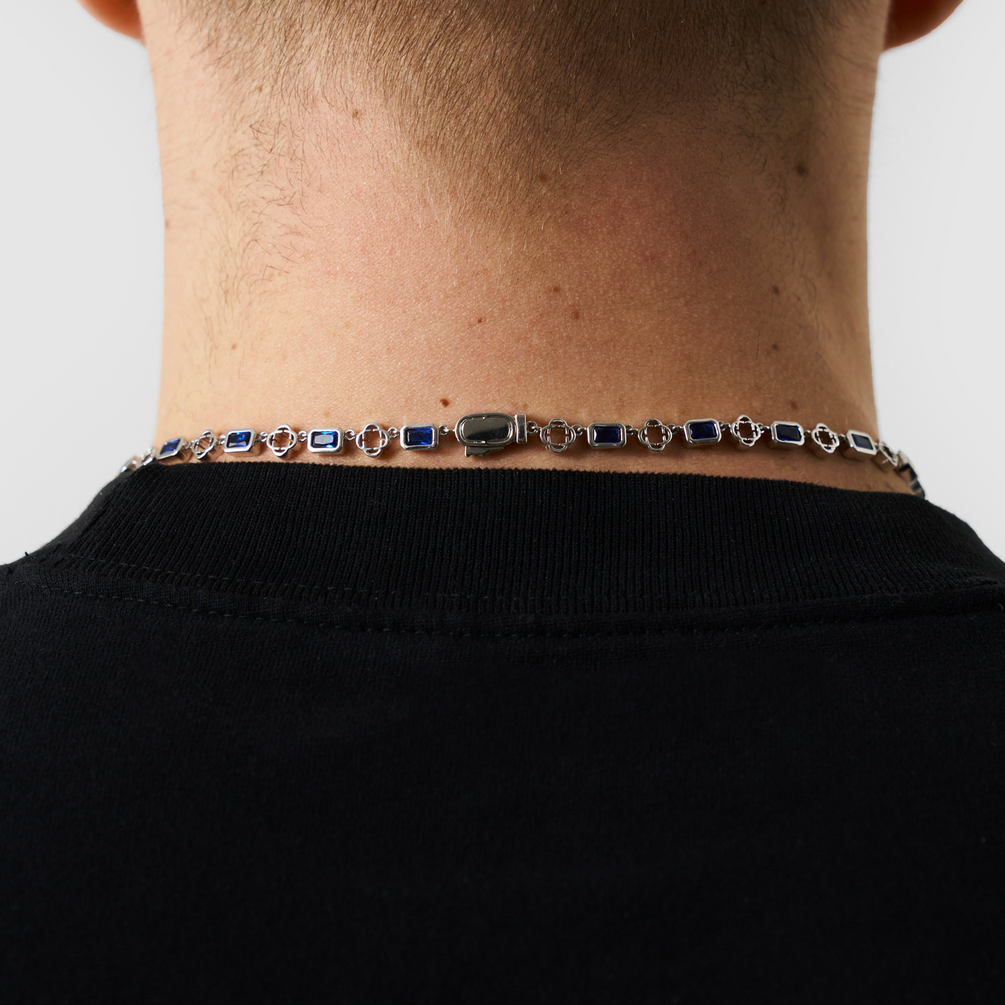 Blauwe Edelsteen Klavertje Vier Ketting (Zilver)