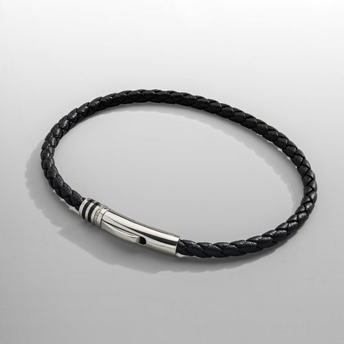 Zwarte Leren Armband (Zilver)