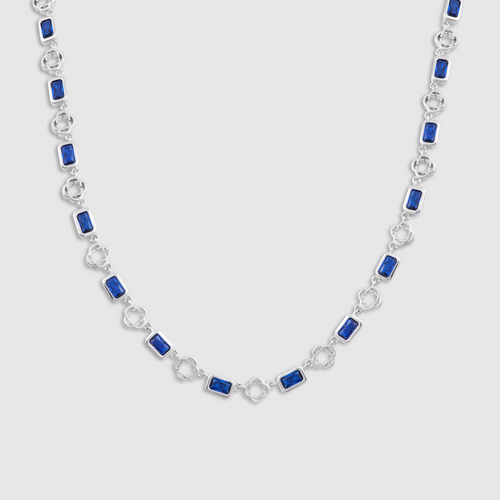 Blauwe Edelsteen Klavertje Vier Ketting (Zilver)