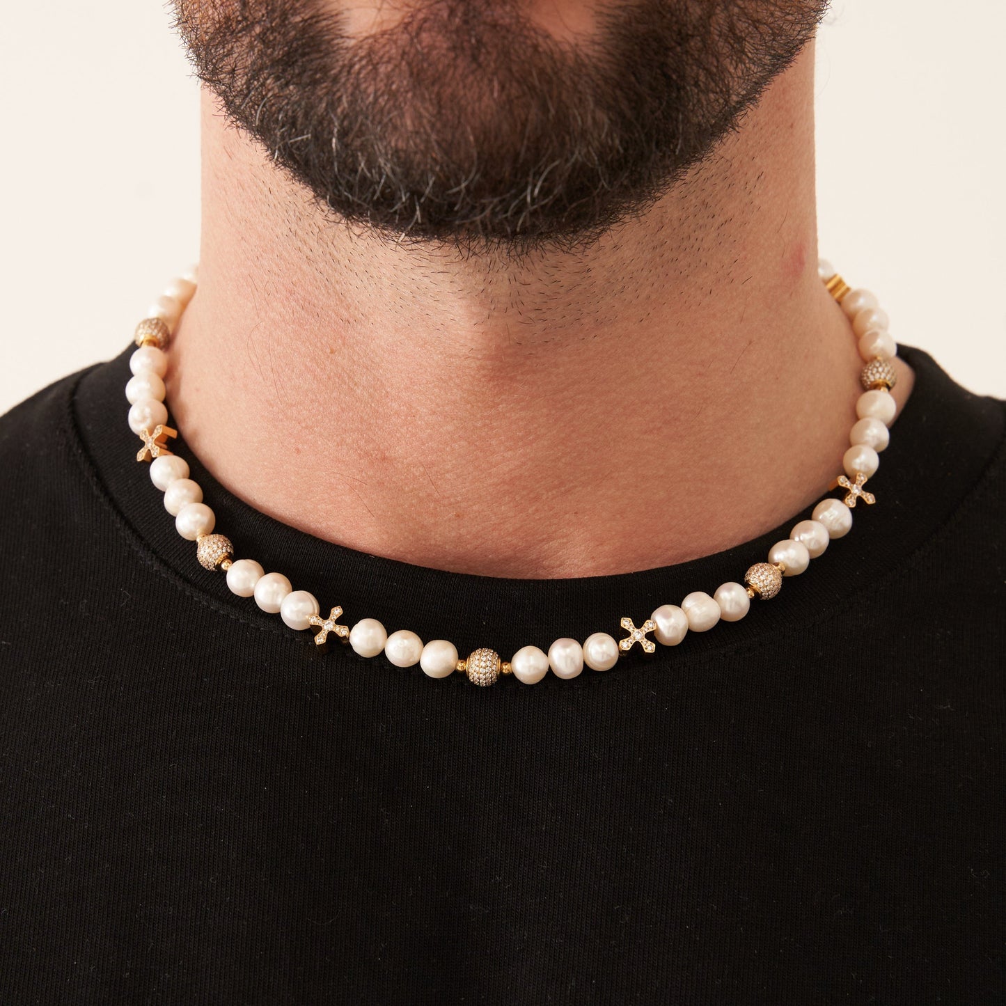 Iced Cross Echte Parel Ketting (Goud)