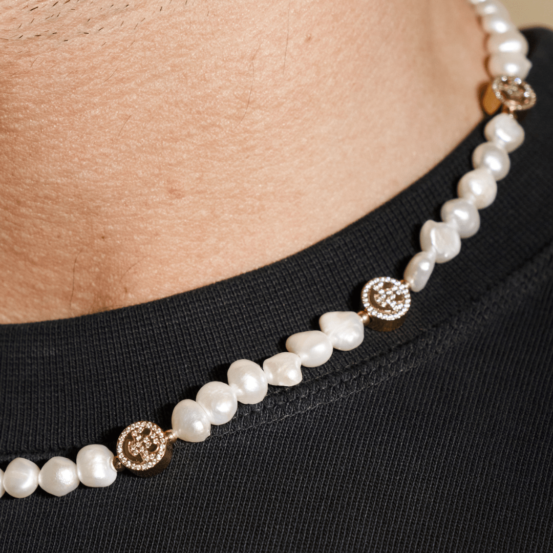 Iced Smiley Echte Parel Ketting (Goud)