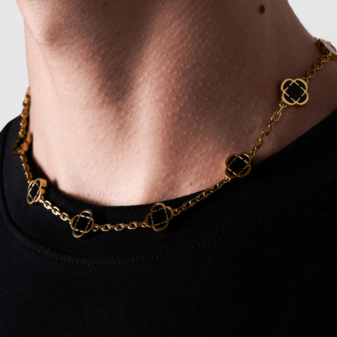 Onyx Klavertje Vier Hanger (Goud)