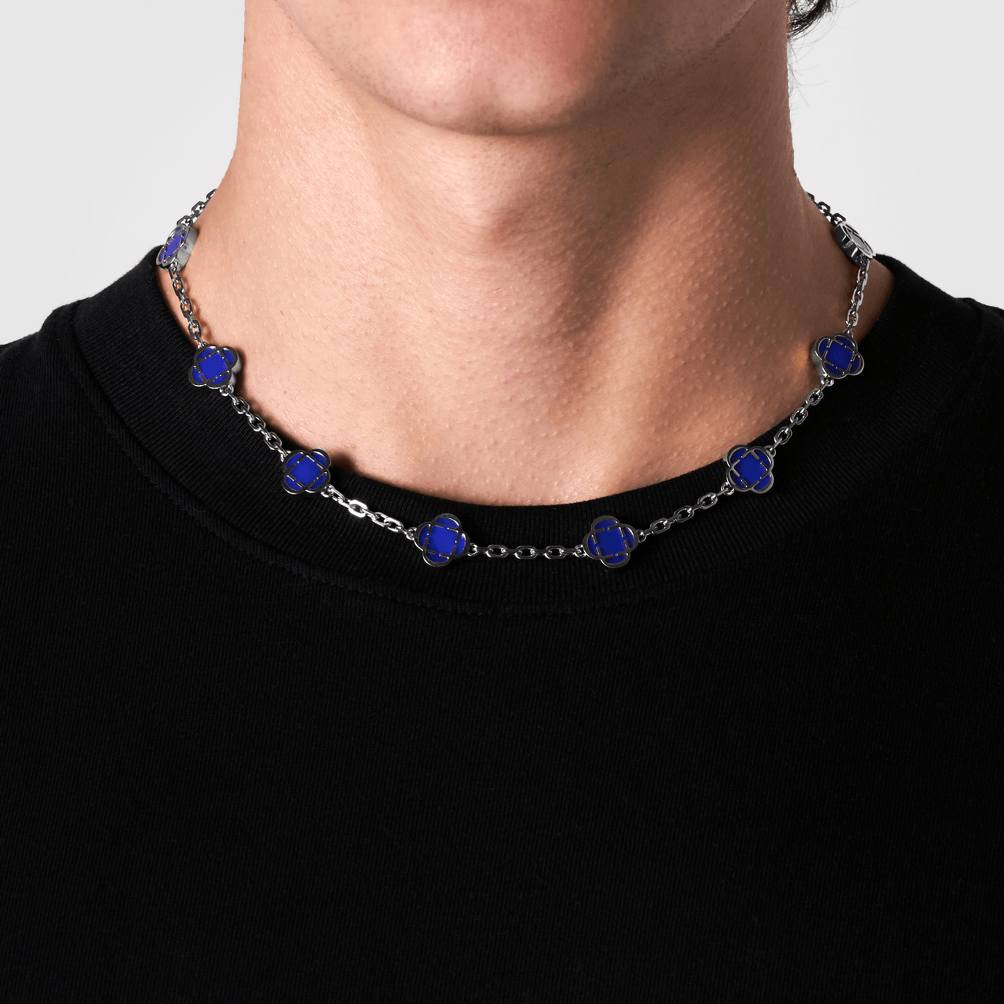 Blauwe Klaver Steen Ketting (Zilver)