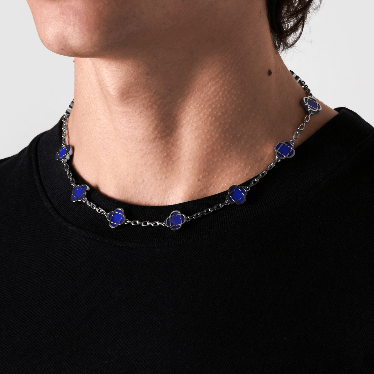 Blauwe Klaver Steen Ketting (Zilver)