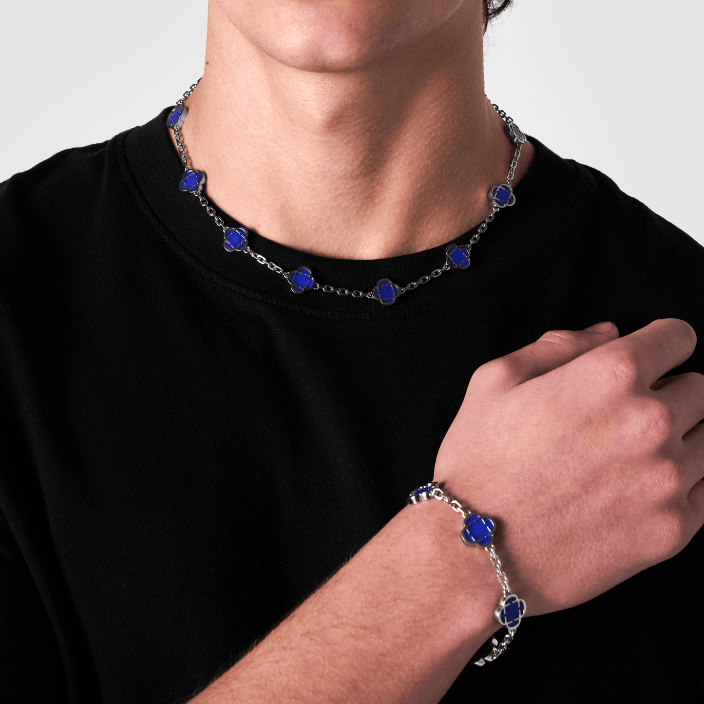 Blauwe Klaver Steen Ketting (Zilver)
