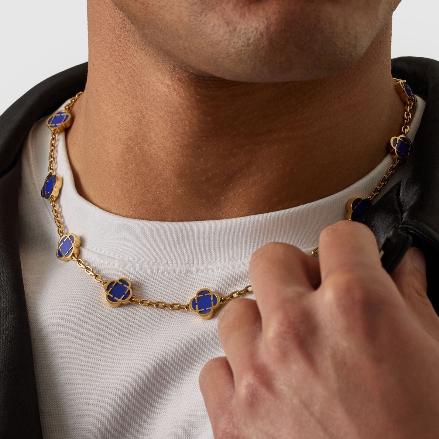 Blauwe Klaver Steen Ketting (Goud)