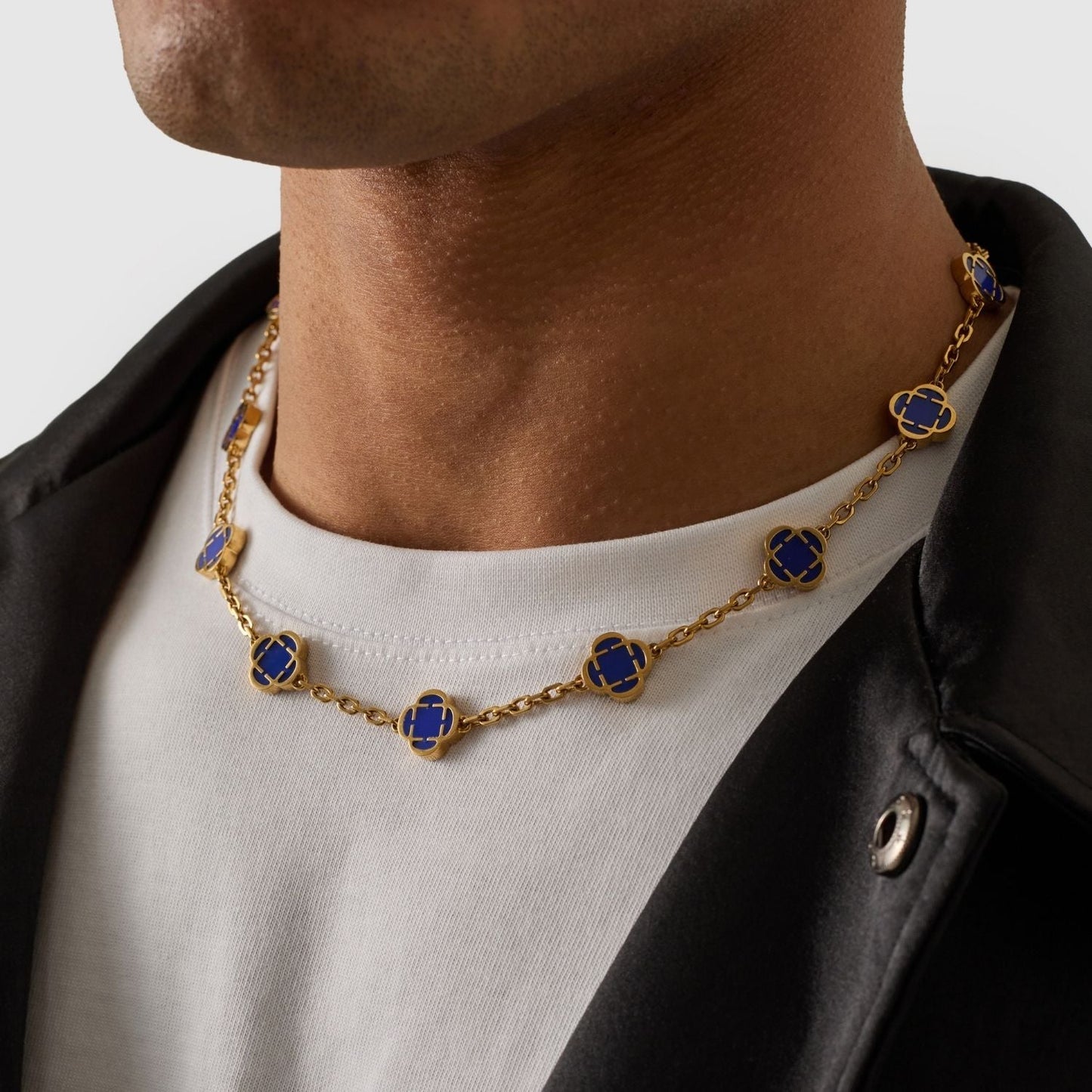 Blauwe Klaver Steen Ketting (Goud)