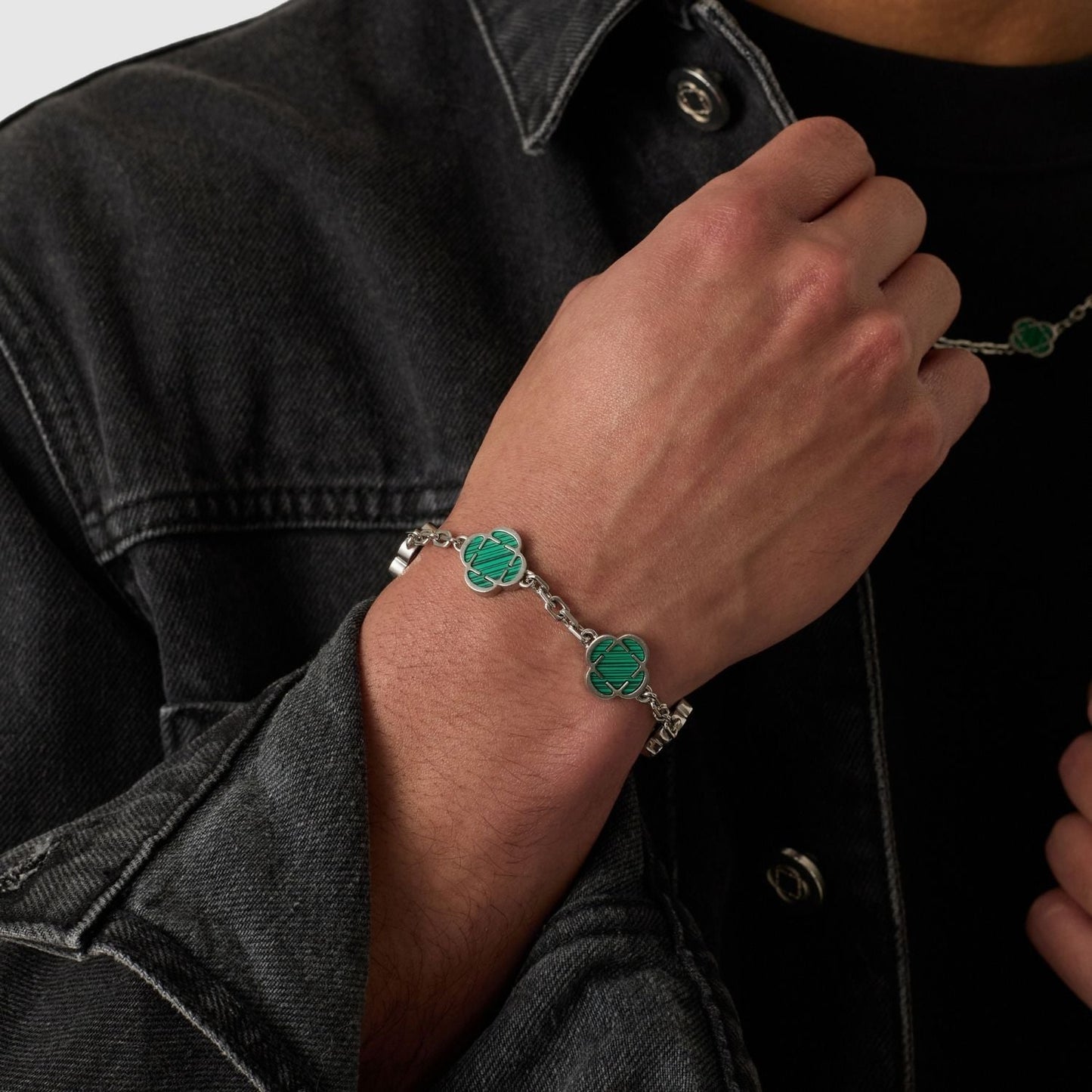 Malachiet Klavertje Vier Armband (Zilver)