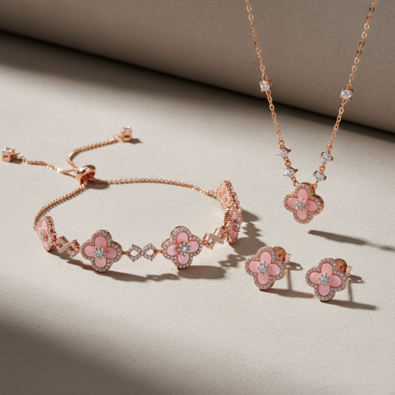 Pink/Silver Sakura Set (necklace/bracelet/earing/ring）