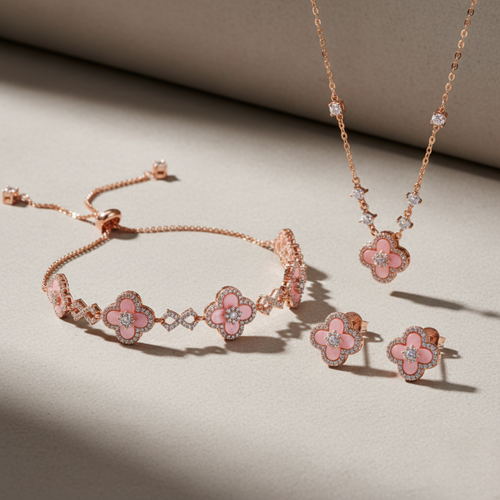 Pink/Silver Sakura Set (necklace/bracelet/earing/ring）