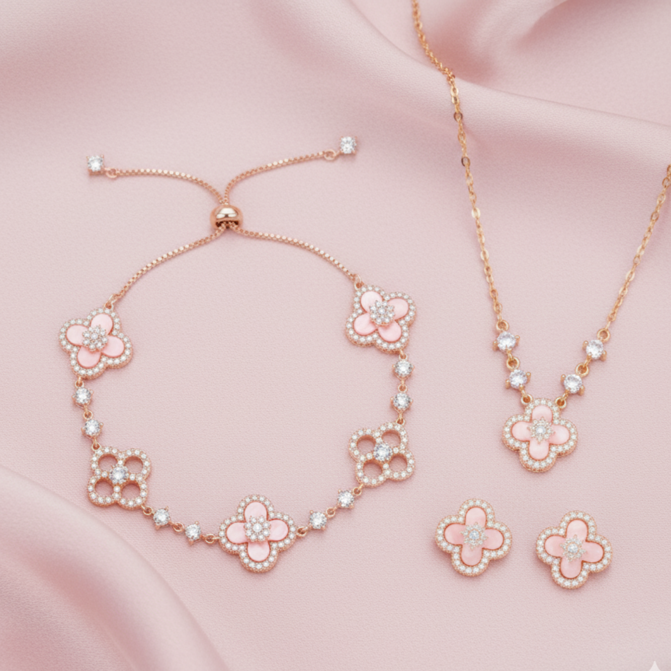 Pink/Silver Sakura Set (necklace/bracelet/earing/ring）