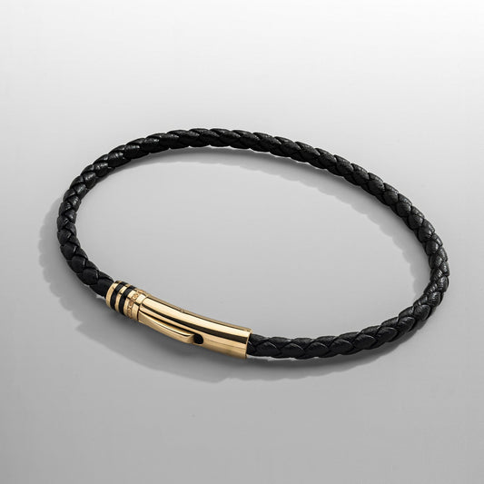 Zwarte Leren Armband (Goud)