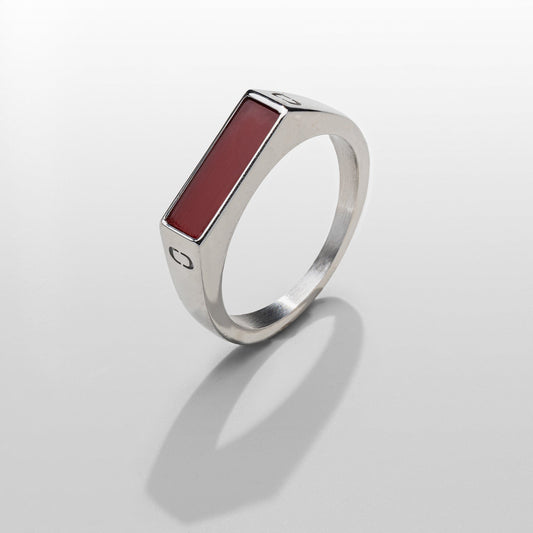 Rode Rechthoekige Steen Signet Ring (Zilver)