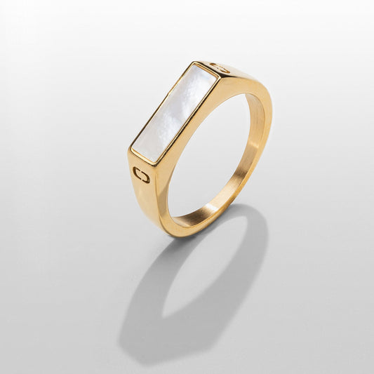 Witte Rechthoekige Steen Signet Ring (Goud)