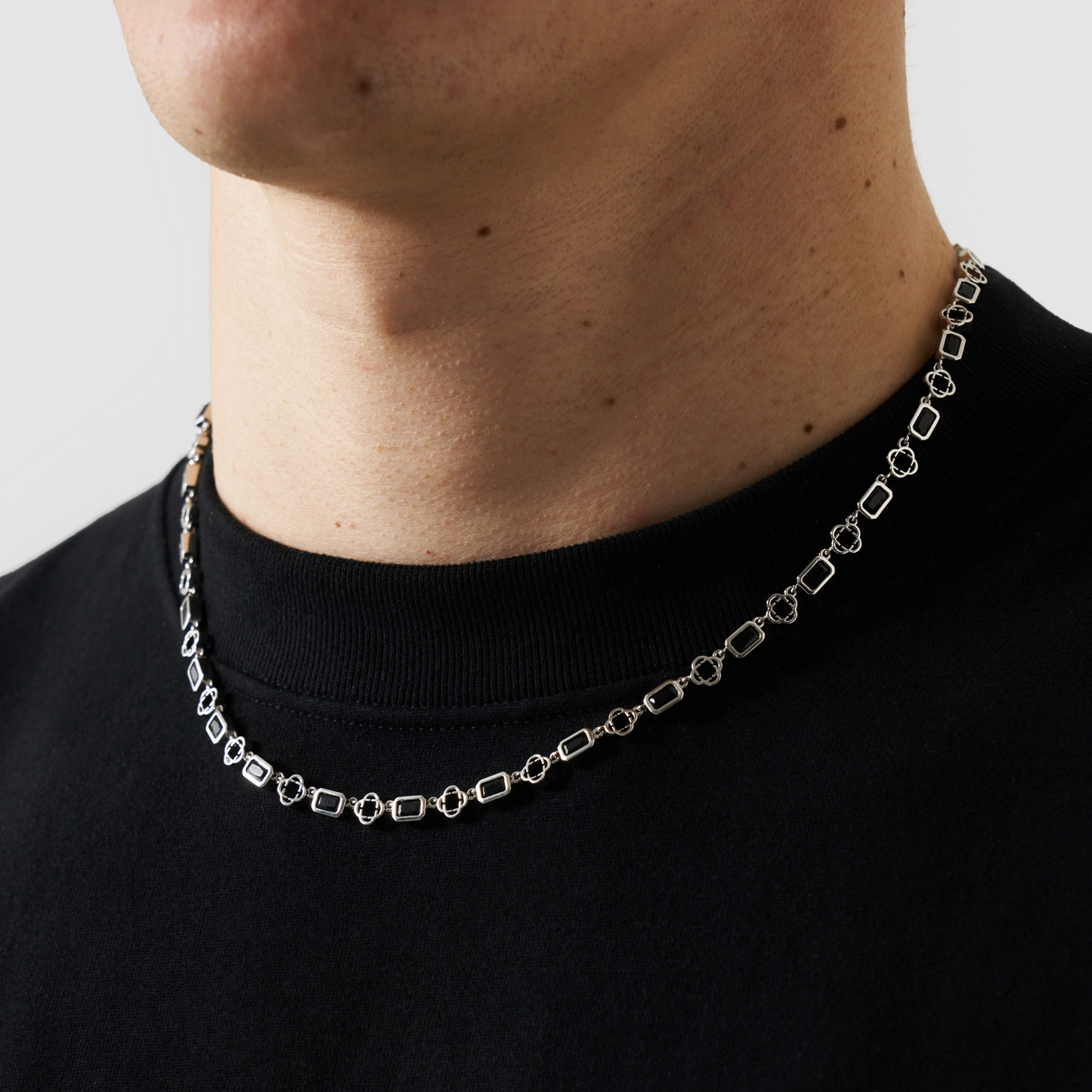Onyx Edelstenen Klavertje Vier Ketting (Zilver)