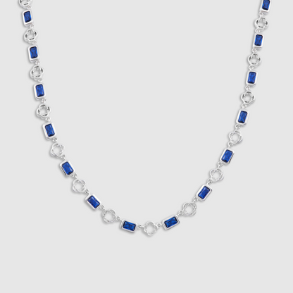 Blauwe Edelsteen Klavertje Vier Ketting (Zilver)