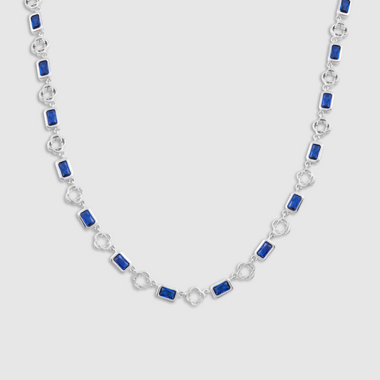 Blauwe Edelsteen Klavertje Vier Ketting (Zilver)