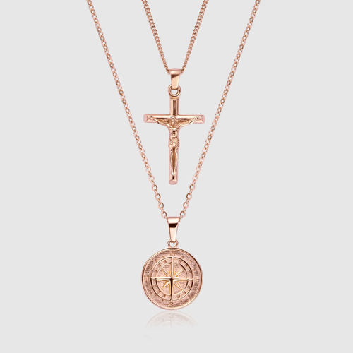 Compass x Crucifix Set (Roze Goud)