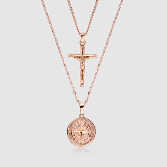 Compass x Crucifix Set (Roze Goud)