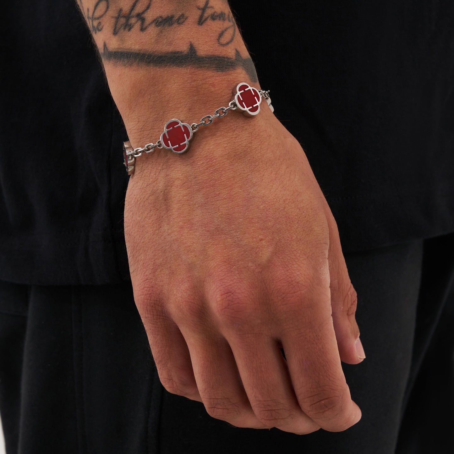 Rode Klaver Steen Armband (Zilver)