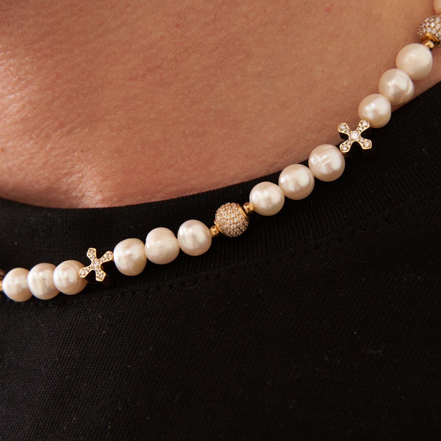 Iced Cross Echte Parel Ketting (Goud)