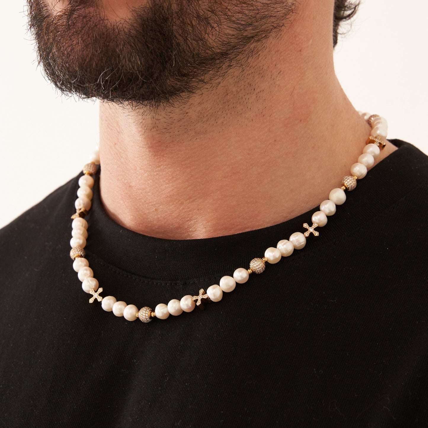 Iced Cross Echte Parel Ketting (Goud)