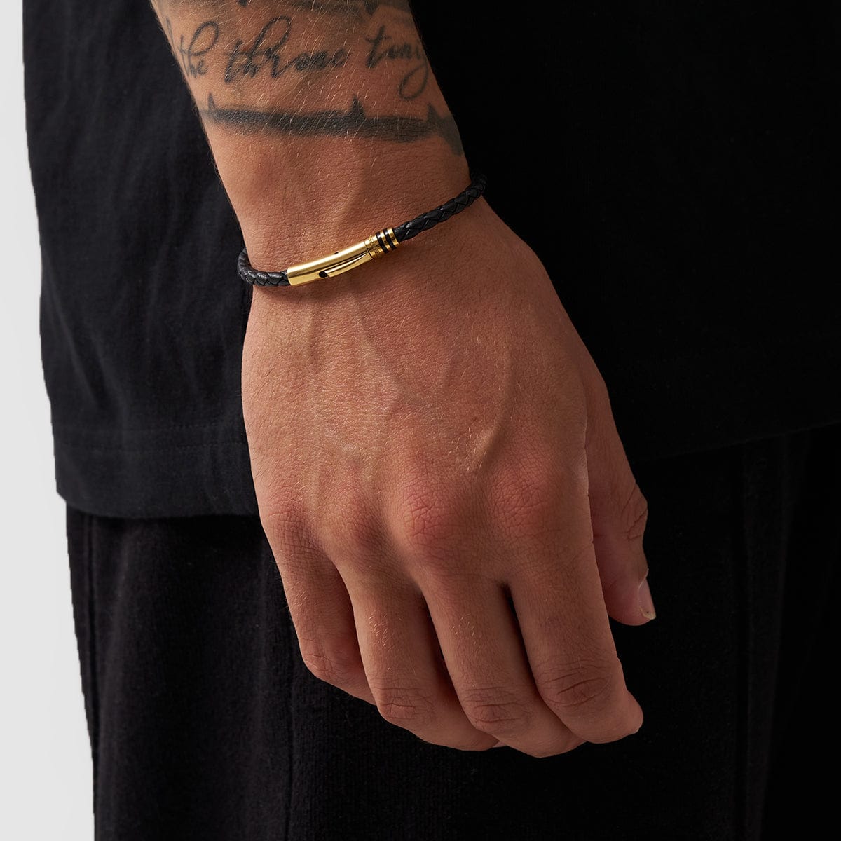 Zwarte Leren Armband (Goud)