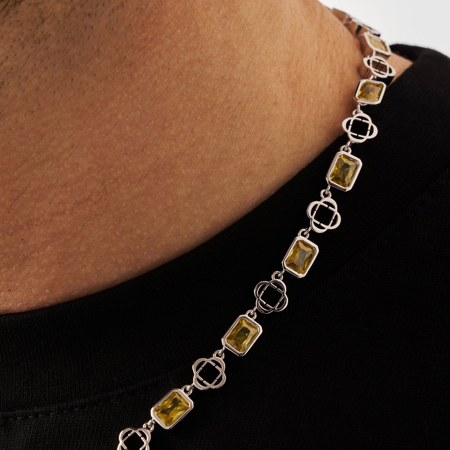Gele Edelsteen Klaver Ketting (Zilver)