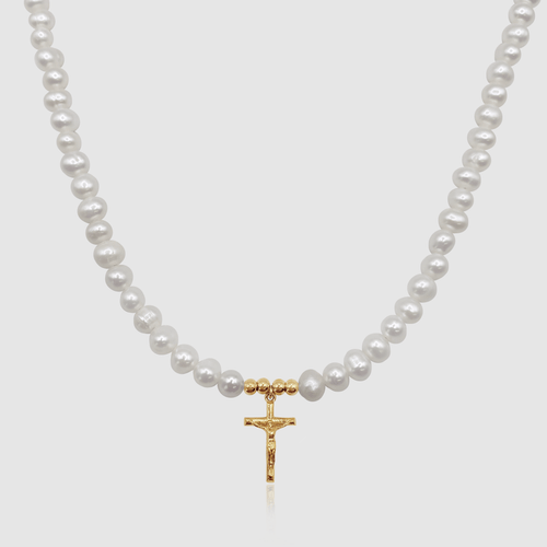 Kruisbeeld Echte Parel Ketting (Goud)