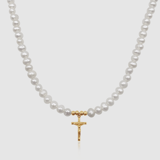 Kruisbeeld Echte Parel Ketting (Goud)