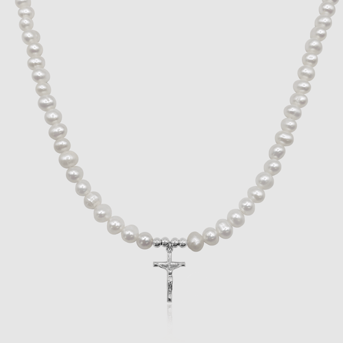 Kruisbeeld Echte Parel Ketting (Zilver)