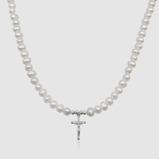 Kruisbeeld Echte Parel Ketting (Zilver)