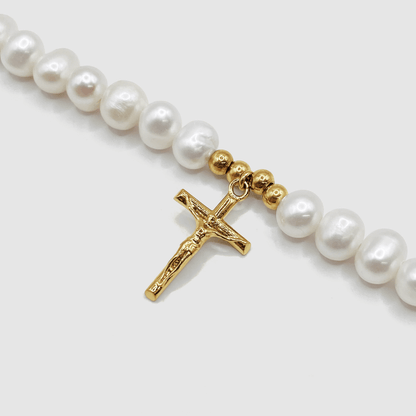 Kruisbeeld Echte Parel Ketting (Goud)
