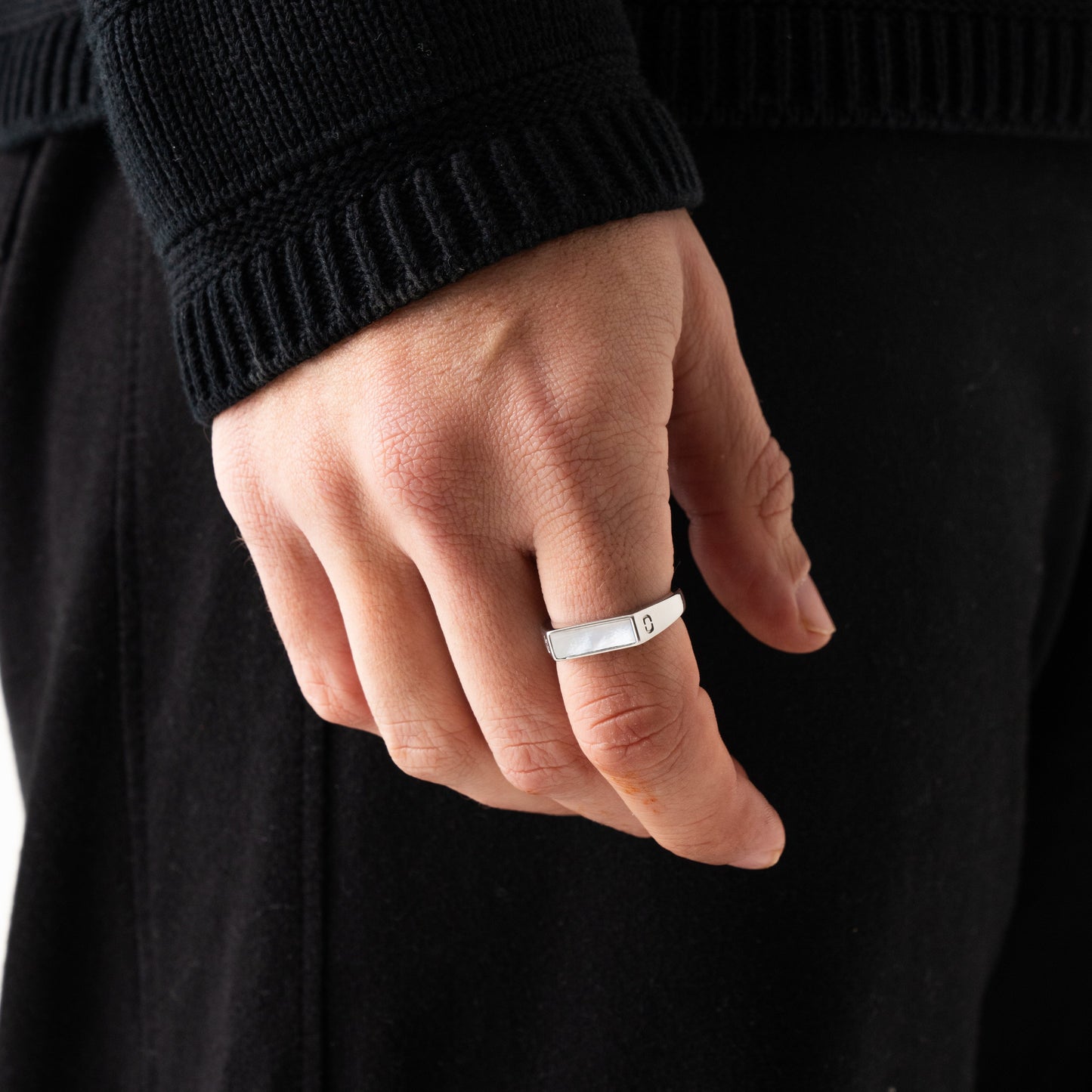 Witte Rechthoekige Steen Signet Ring (Zilver)