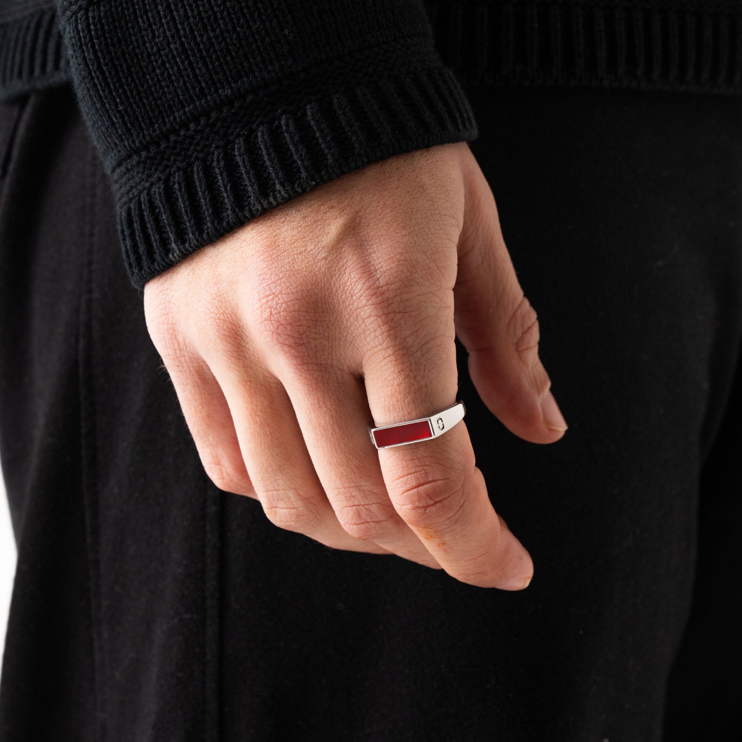 Rode Rechthoekige Steen Signet Ring (Zilver)