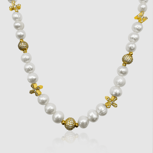 Iced Cross Echte Parel Ketting (Goud)