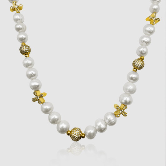 Iced Cross Echte Parel Ketting (Goud)