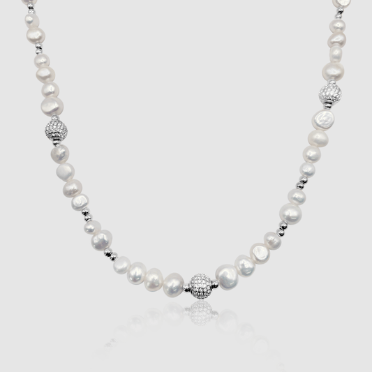 Iced Beaded Echte Parels Ketting (Zilver)