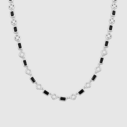 Onyx Edelstenen Klavertje Vier Ketting (Zilver)