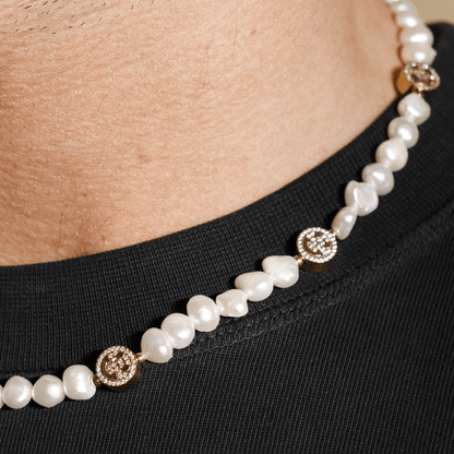 Iced Smiley Echte Parel Ketting (Goud)