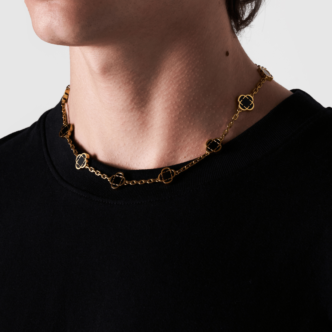 Onyx Klavertje Vier Hanger (Goud)