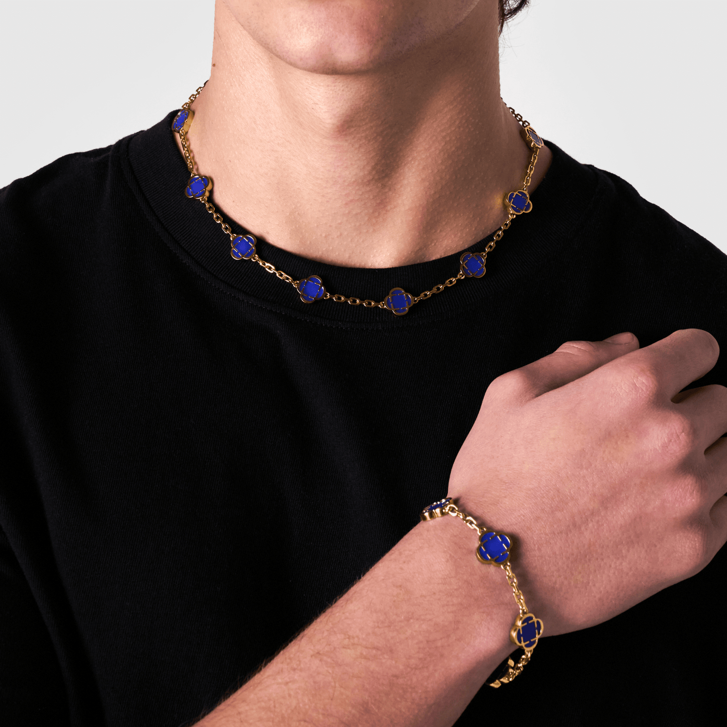 Blauwe Klaver Steen Ketting (Goud)