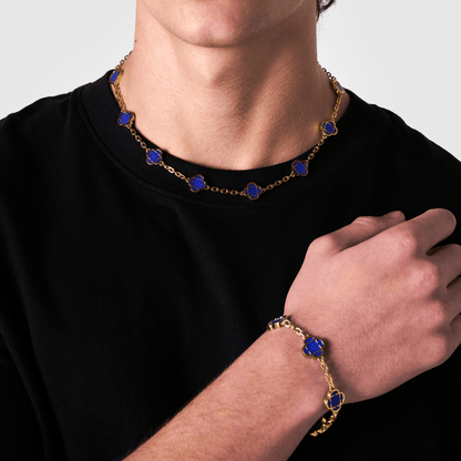 Blauwe Klaver Steen Ketting (Goud)
