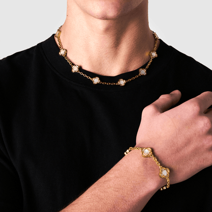 Witte Klaver Steen Ketting (Goud)