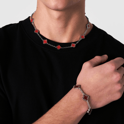 Licht Rode Klaver Steen Ketting (Zilver)