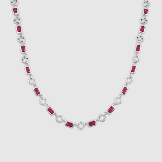 Rode Edelsteen Klavertje Vier Ketting (Zilver)
