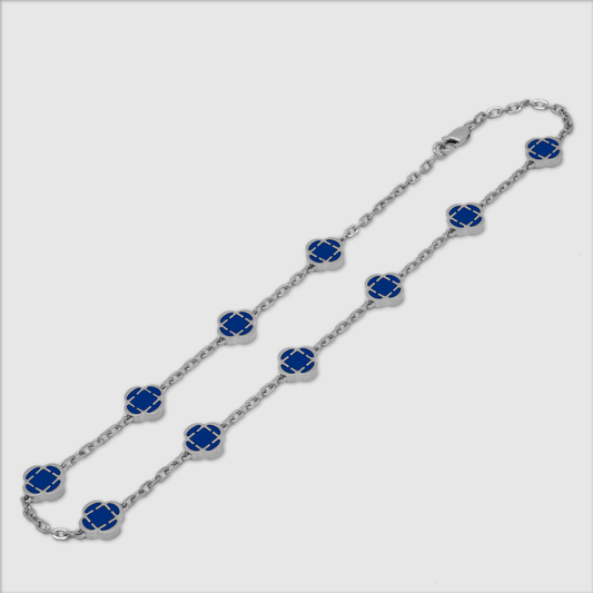 Blauwe Klaver Steen Ketting (Zilver)