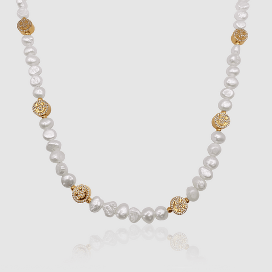 Iced Smiley Echte Parel Ketting (Goud)