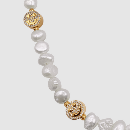 Iced Smiley Echte Parel Ketting (Goud)