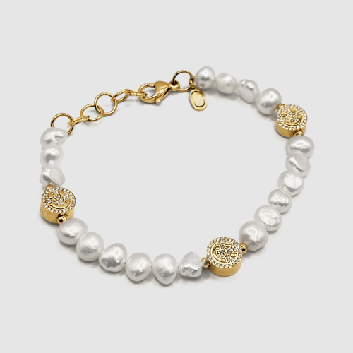 Iced Smiley Echte Parel Armband (Goud)